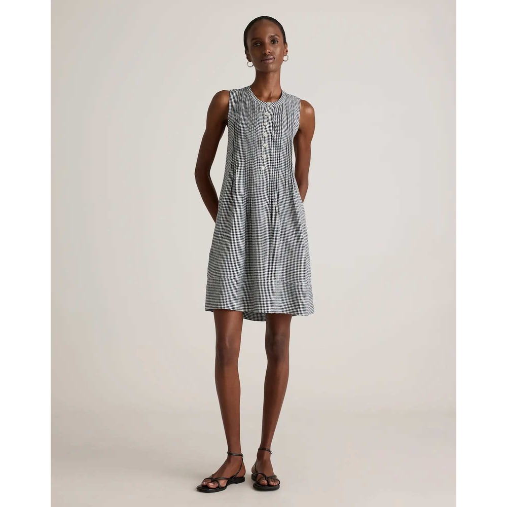 Quince European Linen Sleeveless Swing Dress Gingham Black White Small NWT